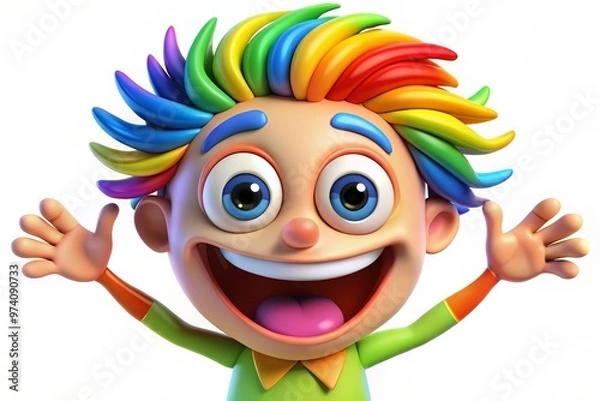 Fototapeta Colorful cartoon character facial expression with raised eyebrows, wide eyes, and a bright smile, conveying excitement,