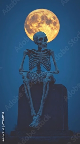 Fototapeta A skeleton sitting on a gravestone, illuminated by the eerie glow of the October full moon, skeleton, gravestone, full moon