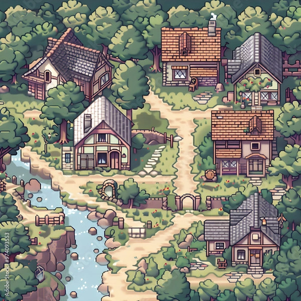 Obraz Pixel art top down map of a village