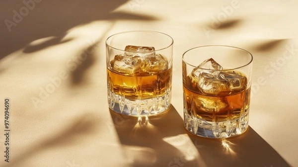 Obraz Two elegant whisky glasses with ice sit on a beige surface, creating a cozy, indulgent atmosphere.