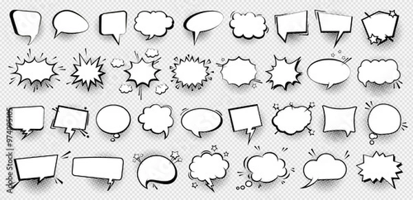 Fototapeta Collection of speech or text bubble, empty message box and comic element with black halftone in vintage pop art style isolated on transparent background. Idea, information, dialogue, chat balloon set.