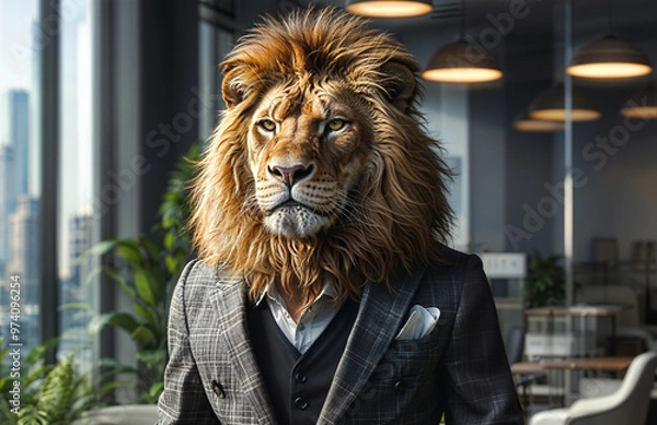 Fototapeta Portrait of a lion businessman in a business suit in the office.
