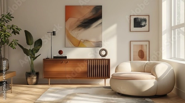 Fototapeta Modern living room home interior with cozy chair and furniture