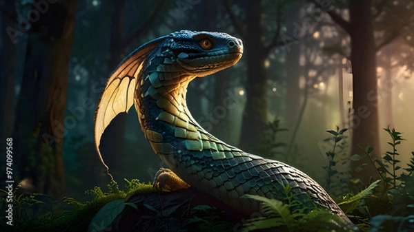 Obraz Powerful female serpent with glistening wings reflecting the glow off the moon in a dreamy forest,