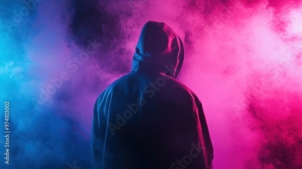 Fototapeta Rap artist in a hoodie on stage with neon pink and blue fog during a night concert, showcasing an energetic and dynamic vibe. The scene features the musician’s back view, emphasizing the vivid stage 