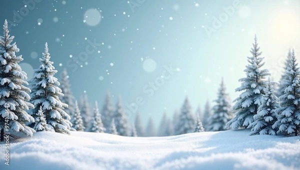 Fototapeta Snowy Christmas Scene with Copy Space, A winter-themed design snow-covered landscape with pine trees and small snowman with a large copy space for text.