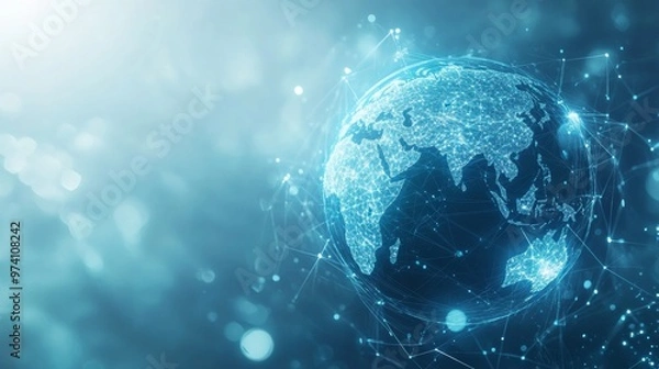 Fototapeta Abstract blue planet Earth with a global network and connectivity concept, data transfer in the cyber world on a light background