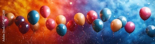 Fototapeta A vibrant cluster of multicolored balloons floating against a bold color background, with ample space for text, creating a festive and cheerful scene water color