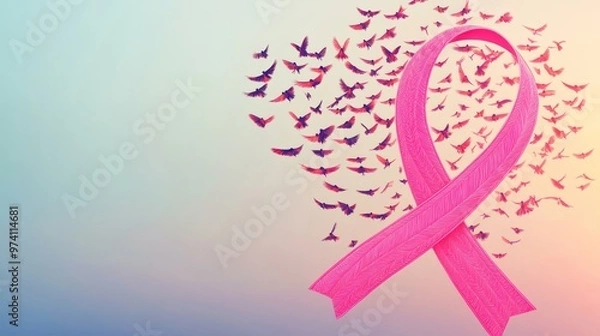 Fototapeta A vibrant pink ribbon is surrounded by silhouettes of birds, representing hope and awareness in a serene background.