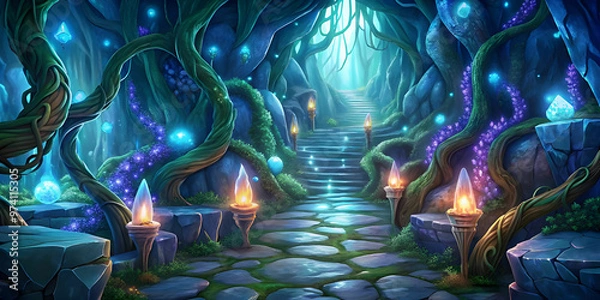 Fototapeta A winding, glowing vine leads to a mystical cave filled with shimmering crystals and ancient runes.