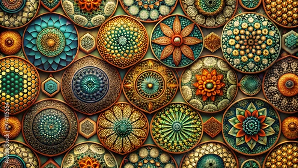 Fototapeta Vibrant hexagonal mosaic with intricate patterns and textured details, creating a visually stunning composition. A colorful and geometric mosaic, featuring a variety of shapes and te