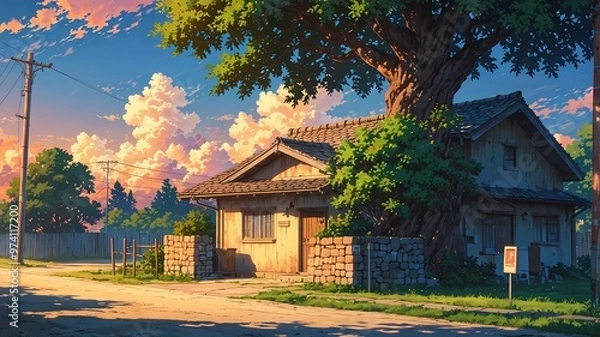 Obraz Anime Wallpaper 8k Depicting a House in the Village with Tree Beside It and Sunset Sky