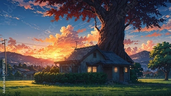 Obraz Anime Wallpaper 8k Depicting a House in the Village with Tree Beside It and Sunset Sky