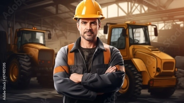 Fototapeta Handsome caucasian worker in overall and helmet on head standing with crossed arms. Neural network ai generated art