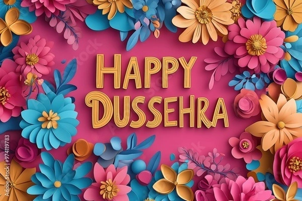 Fototapeta Colorful "HAPPY DUSSEHRA" in Vibrant Paper Cutting Style with Layered Text and Festive Vibes