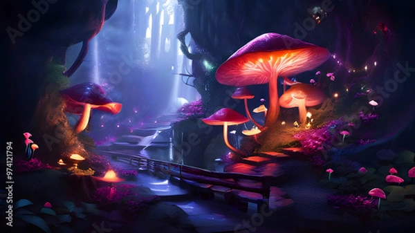 Fototapeta Twisting path of a magical vine into a cave filled with mushrooms, and mysterious creatures.