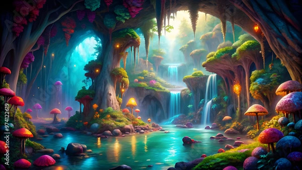 Fototapeta Twisting path of a magical vine into a cave filled with mushrooms, and mysterious creatures.