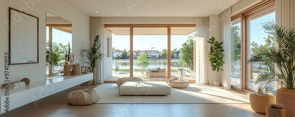 Obraz Modern interior design of a bright living room overlooking a serene lake during the day with plush seating and greenery