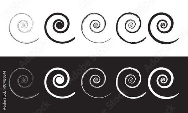 Fototapeta Spiral abstract circle, swirl brush stroke hypnosis psychedelic shape, geometric textured form. Grunge irregular free hand doodle meander.  Isolated on black and white background. Vector Illustration.