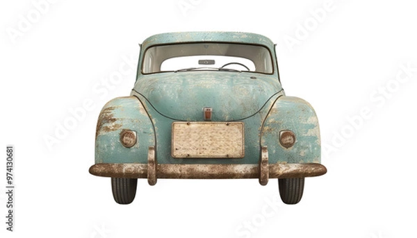 Fototapeta A vintage blue car with rust and wear, showcasing its classic design and nostalgic charm.