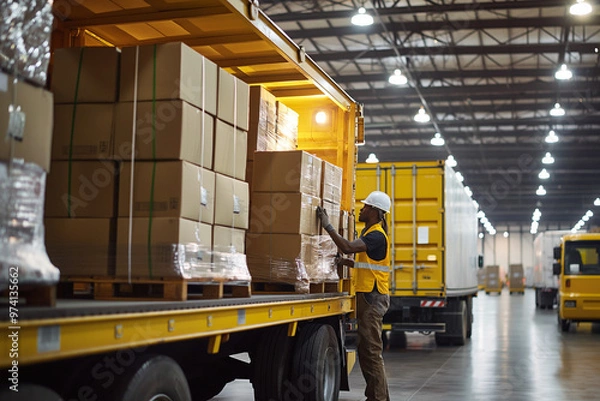 Obraz Workers loading boxes into truck. Supply chain, shipment goods shipping warehouse and logistics