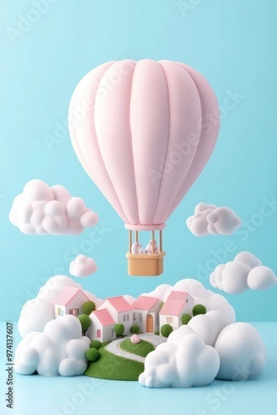 Obraz A pastel 3D clay-style hot air balloon gently floats above a tiny