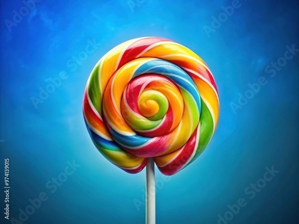 Fototapeta A colorful, swirly, and tantalizing lollipop sticks out from a bright blue background, its glossy surface glistening with dew, inviting a sweet and refreshing treat.