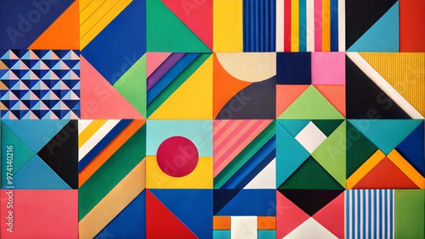 Fototapeta Vibrant geometric abstract composition featuring diverse shapes and colors for modern design