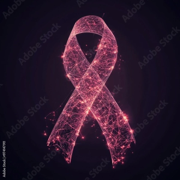 Fototapeta Pink ribbon sparkling in dark background symbolizing breast cancer awareness and support