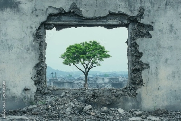Fototapeta Resilience: A Tree Flourishing Amidst Destruction