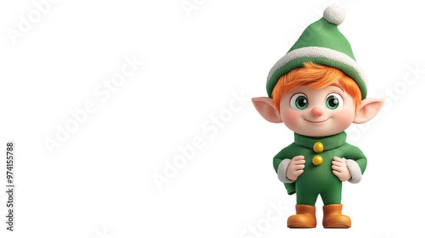 Fototapeta A joyful elf character dressed in green with orange hair stands, smiling with hands clasped