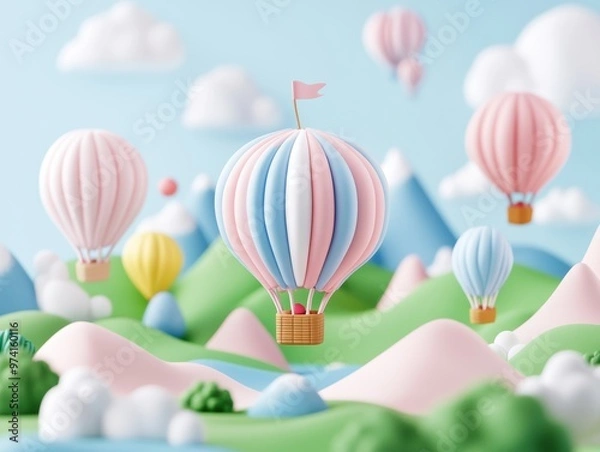 Obraz Tiny pastel 3D clay-style hot air balloons drift gracefully over a pastel landscape featuring rolling hills.