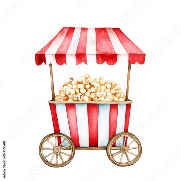 Fototapeta A charming vintage popcorn cart with a striped canopy, filled with fresh popcorn, perfect for events and cinema themes.