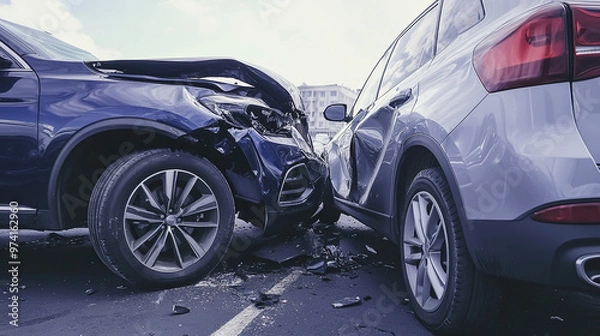 Fototapeta The car accident scene, with both vehicles damaged to varying degrees and debris scattered across the road, highlights the importance of having car insurance.