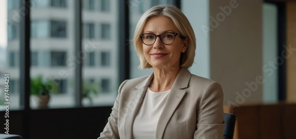 Obraz Business, portrait and mature woman with tablet in office for schedule, networking or review proposal. Online, face and employee for website, feedback or survey at financial consulting agency
