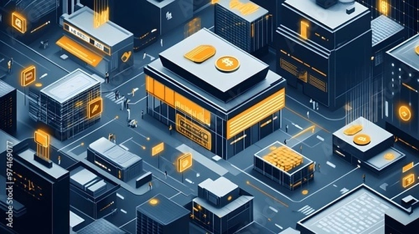 Fototapeta A bustling tech-driven marketplace where blockchain-powered payments ensure seamless, secure transactions