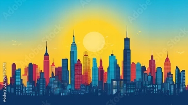 Fototapeta Vibrant city skyline silhouette with colorful modern art elements on solid background new beautiful stock image illustration AI