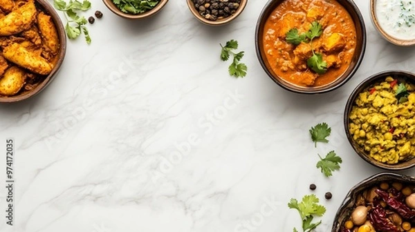 Fototapeta Top view of assorted bowls of Indian food on a marble countertop with copy space in the middle.