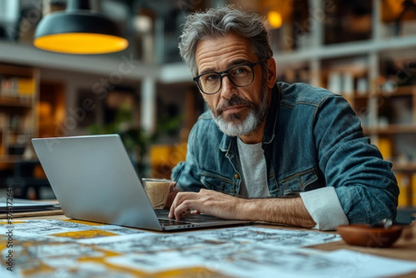 Obraz An architect reviewing 3D models on a laptop with espresso,