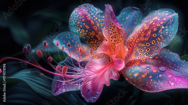 Fototapeta A dynamic burst of neon paints splashing into the form of an exotic orchid flower on a black background,