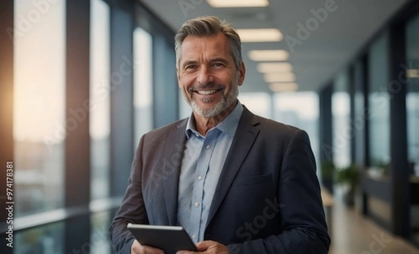 Obraz Portrait of happy 50 years old business man executive standing in office using digital tablet. Middle aged businessman manager business owner working on professional finances project looking at camera