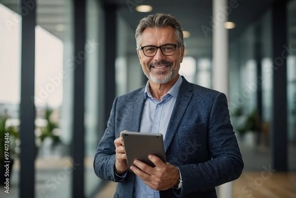 Obraz Portrait of happy 50 years old business man executive standing in office using digital tablet. Middle aged businessman manager business owner working on professional finances project looking at camera