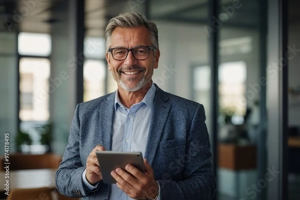 Obraz Portrait of happy 50 years old business man executive standing in office using digital tablet. Middle aged businessman manager business owner working on professional finances project looking at camera