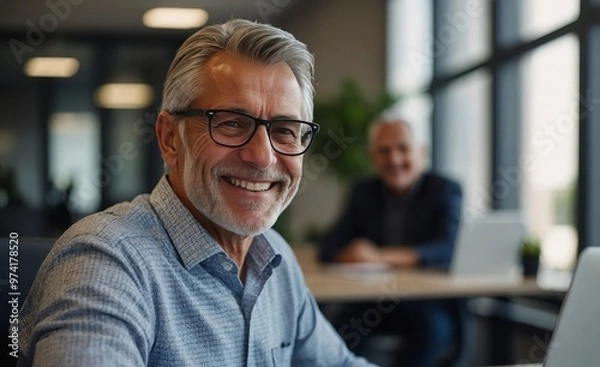 Obraz Portrait of happy 50 years old business man executive standing in office using digital tablet. Middle aged businessman manager business owner working on professional finances project looking at camera
