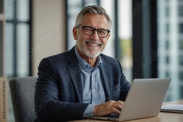 Obraz Portrait of happy 50 years old business man executive standing in office using digital tablet. Middle aged businessman manager business owner working on professional finances project looking at camera