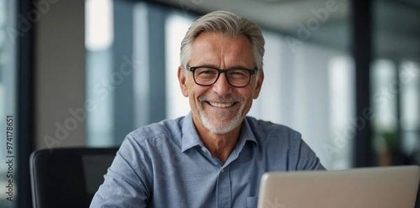 Obraz Portrait of happy 50 years old business man executive standing in office using digital tablet. Middle aged businessman manager business owner working on professional finances project looking at camera