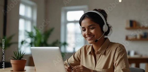 Obraz Smiling Indian female employee in wireless earphones make notes watching webinar on laptop, happy young ethnic woman worker in headset talk on video call brainstorm with colleagues online