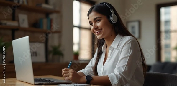 Obraz Smiling Indian female employee in wireless earphones make notes watching webinar on laptop, happy young ethnic woman worker in headset talk on video call brainstorm with colleagues online