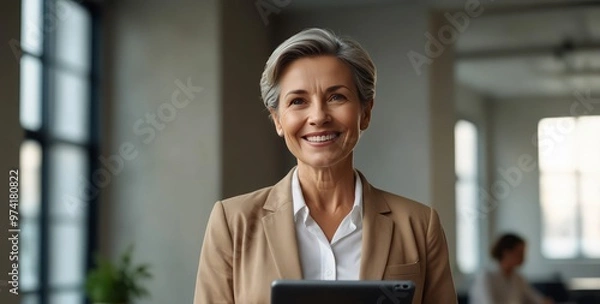 Obraz Smiling mature professional business woman bank manager, older happy female executive or lady entrepreneur holding digital tablet pad standing in office at work, looking away at copy space