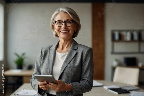 Obraz Smiling mature professional business woman bank manager, older happy female executive or lady entrepreneur holding digital tablet pad standing in office at work, looking away at copy space